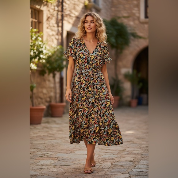 Madewell Dark Floral Flutter Sleeve V-Neck Tiered Midi Dress Size 6 - Picture 16 of 16